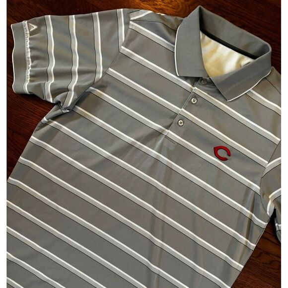 Cincinnati Reds MLB Antigua Men's Large Golf Polo Gray White Striped Embroidered - Picture 1 of 7